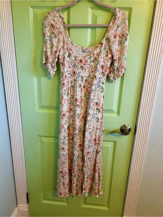 Abercrombie & Fitch Dresses & Skirts - Abercrombie & Fitch Cream Floral Smocked Midi Dress with Pink and Blue Accents